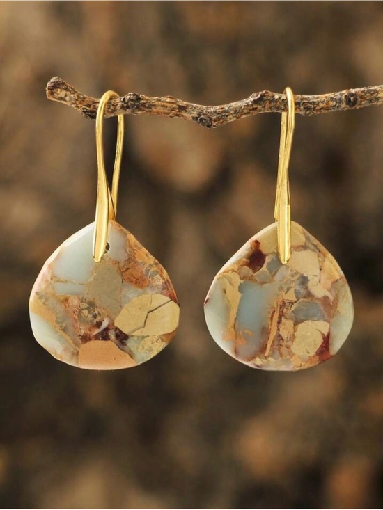 unbranded Jewelry - Gold-Tone Blue & Tan Natural Stone Drop Earrings